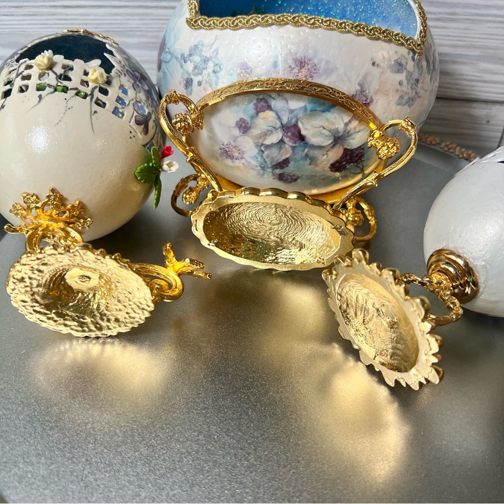 Vintage 3 Easter Egg Carving 3D Victorian Ceramic Faux Gold Stand Floral display - Picture 7 of 17
